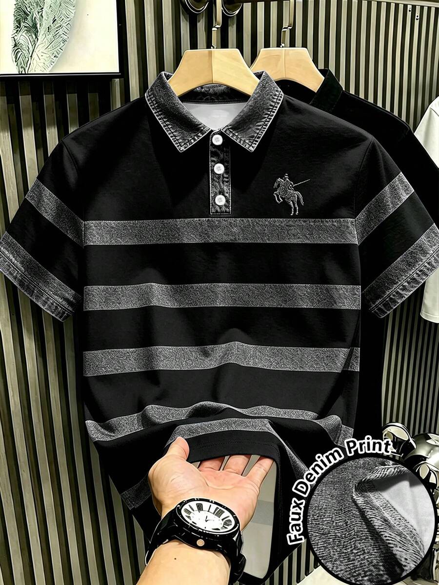 Manfinity Hypemode 復古丹寧風藍白對比條紋短袖 Polo 衫，附小馬標誌印花，藝術感短袖上衣，男女款圖案 T 恤，夏季休閒日常穿搭與外出百搭基礎上衣 - 彩色 - 查看 1