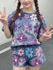 女童休閒極簡可愛趣味紋理花卉印花短袖長褲兩件套，適合夏季，圖案舒適，女童套裝，Y2K復古度假風 - 彩色 - 查看 2