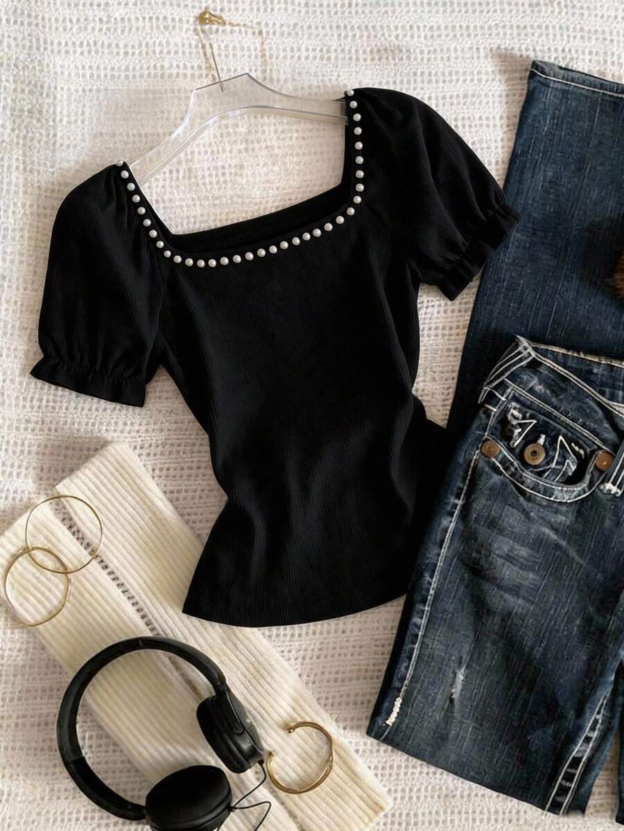 Franclia Women's Pearl Short Sleeve Black Minimalist Eleganza Knit Top, Elegant Loose Fit T-Shirt, Professional Casual Striped Textured Birthday Office Summer - Black - View 1