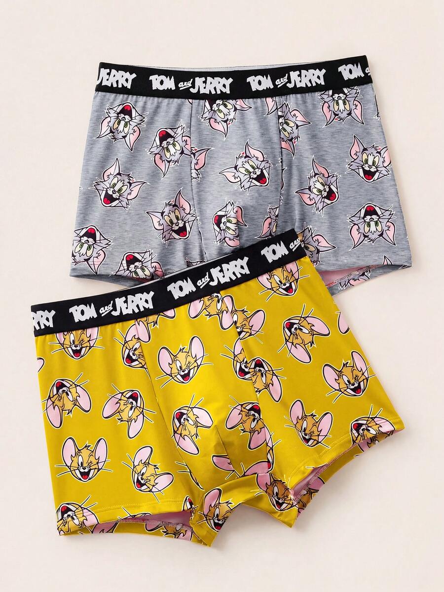 TOM & JERRY X SHEIN Men's Letter & Cartoon Pattern Comfortable Boxer Briefs - Brown - View 1