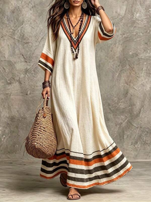 SHEIN Holidaya Women's Beige Summer Boho Holiday Vacation Al-Adha V-Neck Mid-Length Sleeve Dress,Colorful Striped Digital Printing,Relaxed H-Line,Woven Fabric