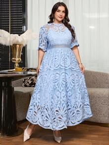 Reflora Plus Size Women's White Lace Midi Dress, Elegant Short Sleeve Summer Dress - Multicolor - View 4