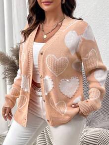 Elenzga Plus Size Women's Heart Pattern Single-Breasted Casual Daily Cardigan - Dusty Pink - View 1