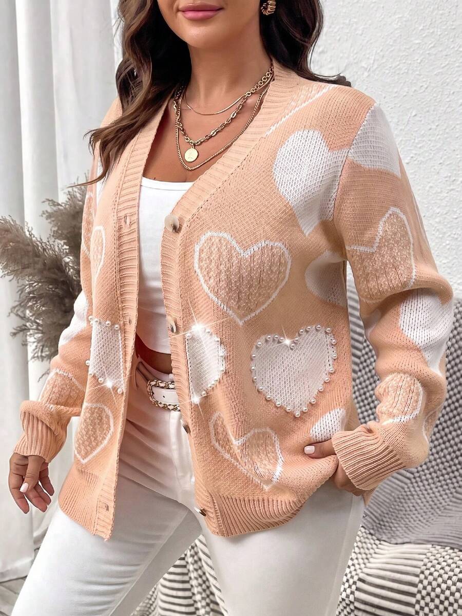 Elenzga Plus Size Women's Heart Pattern Single-Breasted Casual Daily Cardigan - Dusty Pink - View 1