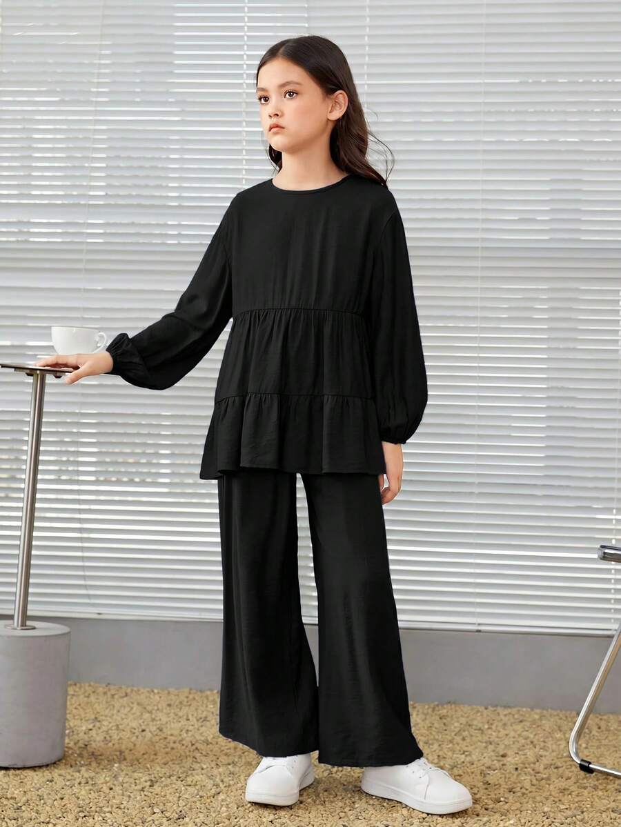 SHEIN 青少年女孩寬鬆優雅圓領A字長袖上衣與寬腿褲套裝,秋冬穿搭 - 黑色 - 查看 1