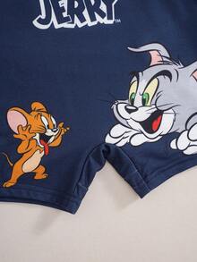 TOM & JERRY X SHEIN 男嬰卡通印花吊帶連身衣 - 藍色 - 查看 5