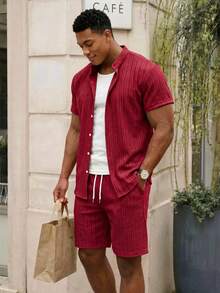 Manfinity EZcore Plus Size Men's Burgundy Summer Casual Beach Holiday Outfit,Solid Color Short Sleeve Single-Breasted Shirt And Shorts Set,Vacation Hawaii Tropical - Burgundy - View 1
