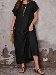 EMERY ROSE Plus Size Women's Black Boho Summer Autumn Casual Vacation Round Neck Short Sleeve Pocket Loose Flowy Long Dress,Simple Fashionable Holiday Outfits - Black - View 1