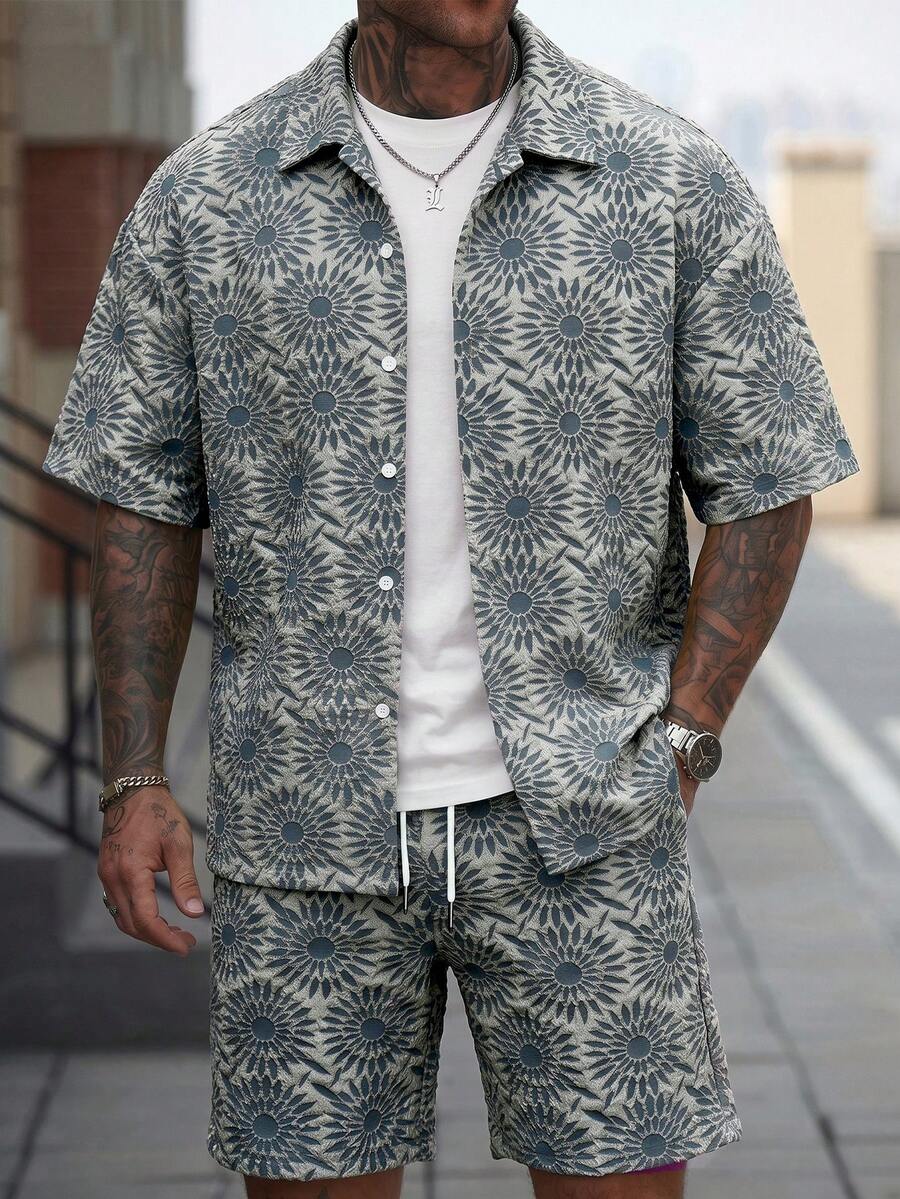 Manfinity CasualCool Men's Casual Jacquard Shirt And Shorts Set - Dusty Blue - View 1