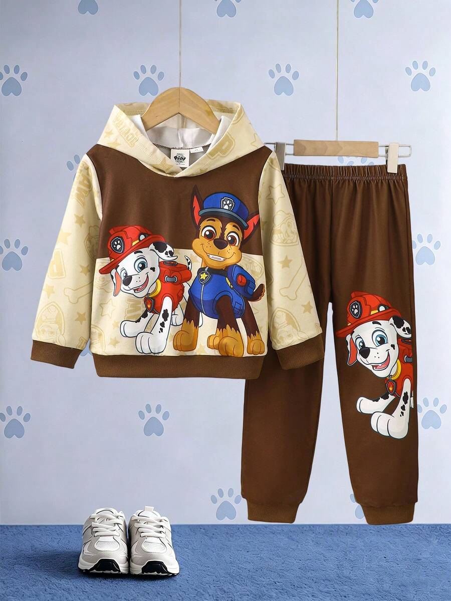 SHEIN | PAW Patrol 男童秋季咖啡色米色拼接卡通狗印花長袖連帽衛衣套裝 休閒寬鬆彈性腰羅紋袖口上衣 - 棕色 - 查看 1