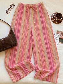 SHEIN EZwear 女款休閒低腰直筒褲，彩色條紋褲，夏季，街頭風，適合日常通勤、約會、聚會、秋冬/夏季、派對、婚禮、海灘、畢業典禮、優雅、休閒、外出、Y2K、音樂節、假期、返校、度假 - 彩色 - 查看 8
