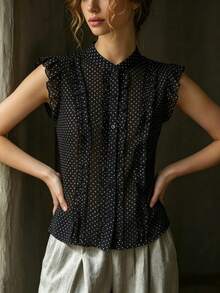 SHEIN Damen Polka-Dot einreihige Rüschen Mode Bluse - Schwarz - Übersicht 4