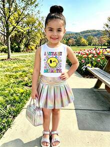 SHEIN Elladie kids 女童字母卡通臉印花背心上衣與雷射壓褶裙套裝 白色夏季款 - 彩色 - 查看 8