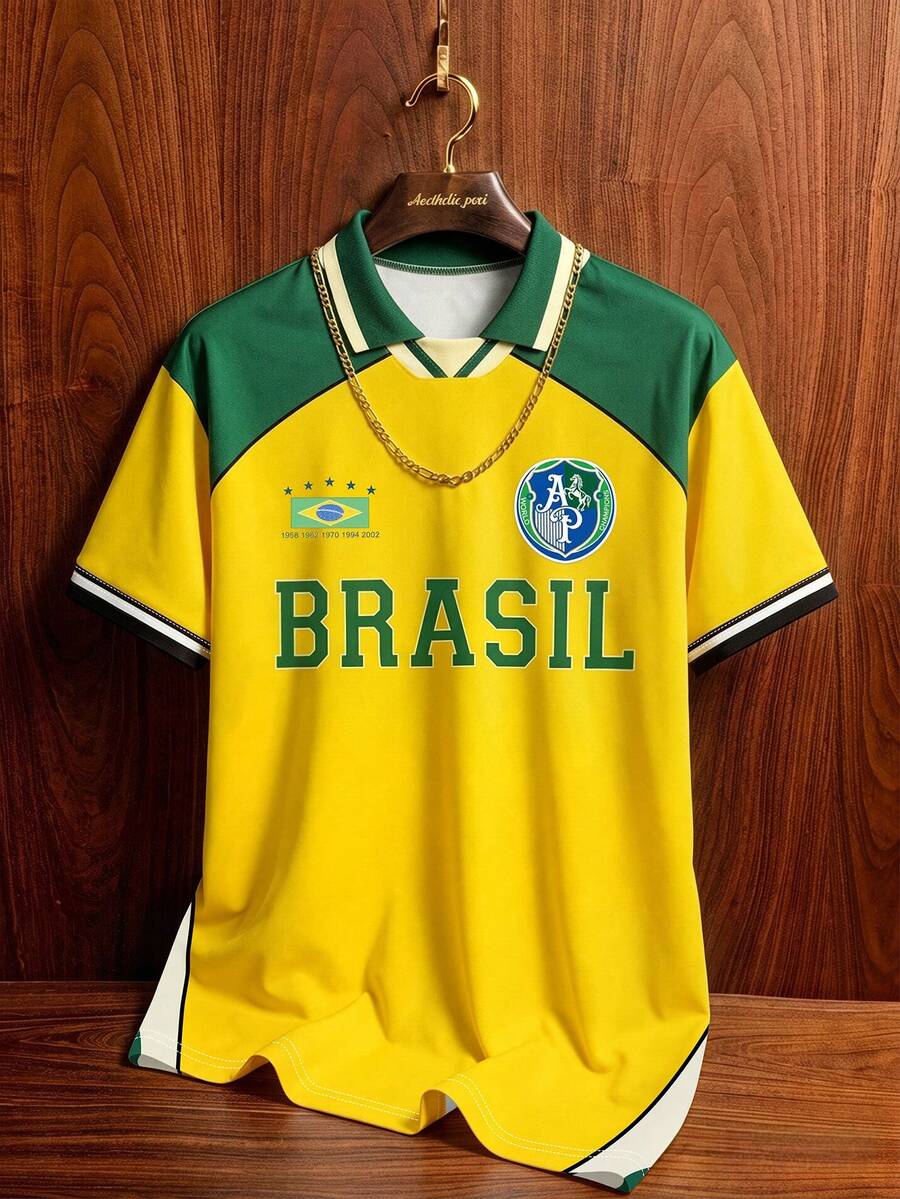Manfinity Campus Court 復西橄欖球 Polo 衫男款，黃色夏季街頭風度假寬鬆版型拼色 Brasil 球衣，短袖圖案足球上衣