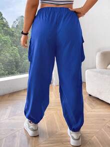 Flirla Celana Kargo Kasual Ukuran Besar Warna Polos dengan Lipatan di Bagian Bawah untuk Musim Gugur - Royal Blue - View 2