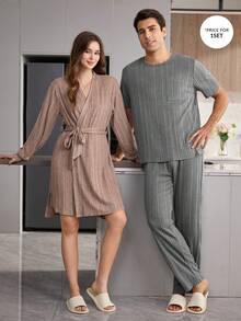 CoupledUp Conjunto de Pijama Masculino com Camiseta de Manga Curta e Calça de Textura Macia, Roupa de Descanso - Chumbo - Visão 4