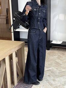 DAZY Women's Waist-Cinching Long Sleeve Denim Jacket And Loose Long Pants Casual Streetwear Denim Set Autumn Everyday Navy Blue - Dark Wash - View 2