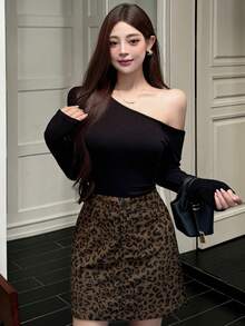 Dazy Tall Women's Leopard Print Short Corduroy Skirt Fall - Brown - View 5