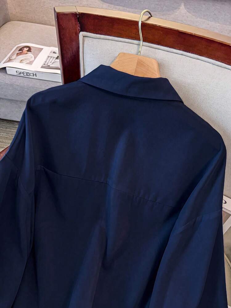 GlowEve CURVE Plus Size Elegant Formal Sequin Embroidered Rhinestone Lantern Sleeve Blouse Office Evening Navy Blue Autumn - Navy Blue - View 6