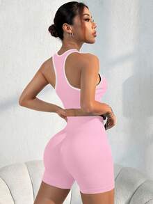 SHEIN Dewbera Women's Colorblock Trim Cropped Fitted Tank Top And Shorts Sports Set - Pink - View 2