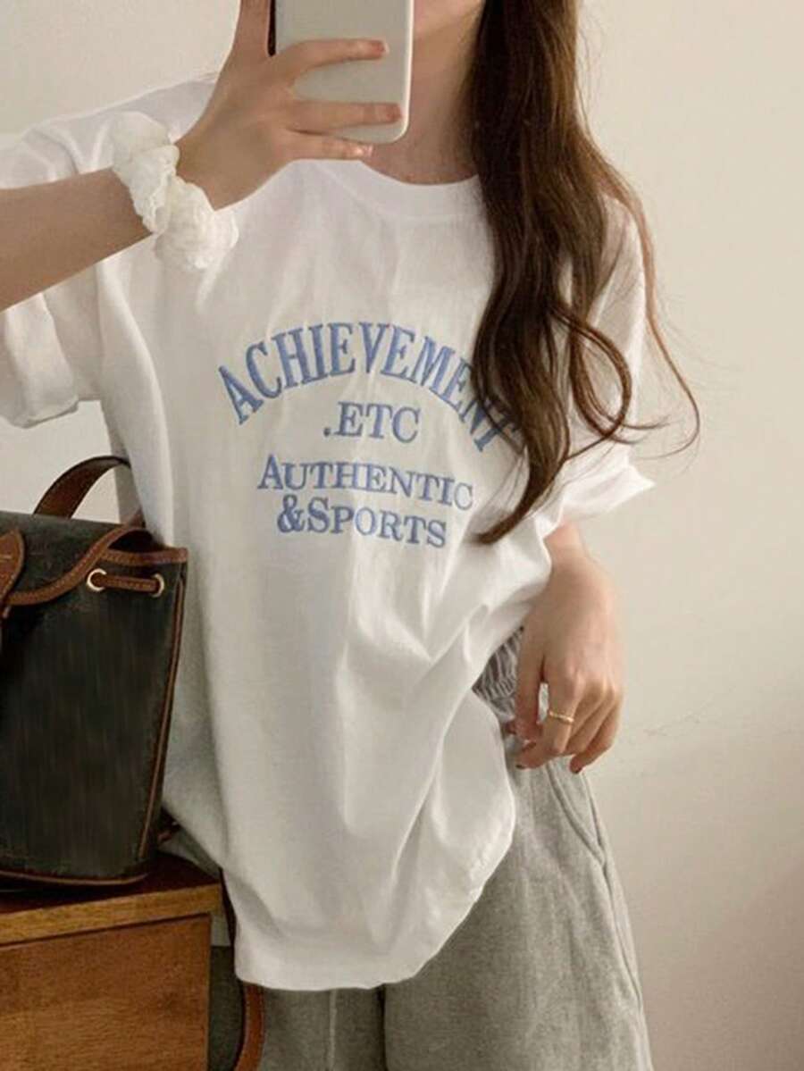 DAZY Women's Loose Fit Round Neck Short Sleeve T-Shirt With Letter Embroidery Summer Oversized T-Shirt - White - View 1