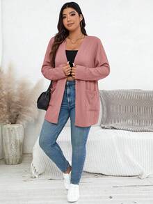 SHEIN Essnce Chaqueta de talla grande casual de otoño de unicolor con doble bolsillo - Rosa vieja - Ver 5