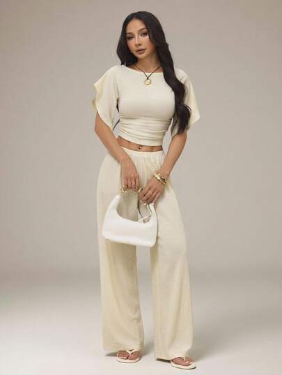 SHEIN PETITE Women's Textured Waist Pleated T-Shirt And Casual Elegant Knit Pants Loungewear Set, Holiday Outfit, Women's Tea Party Vacation Vacation Beige Summer