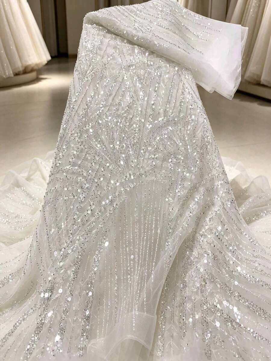 奢華非洲亮片刺繡蕾絲布料,高品質新郎尼日利亞婚禮新娘刺繡,法式網紗蕾絲布料,縫製用 - A - 查看 1