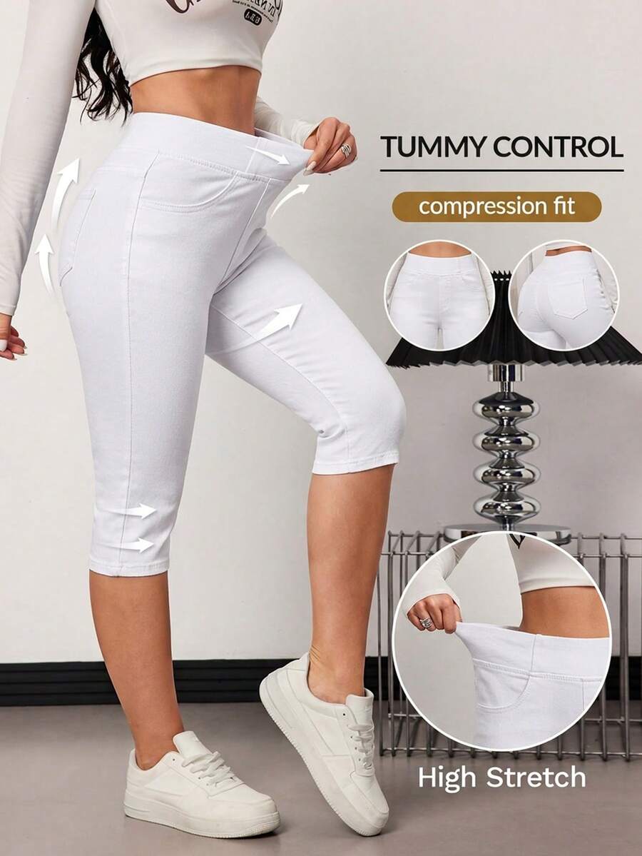 SHEIN Tall 女款彈性腰口袋修身短版牛仔褲 - 白色 - 查看 1