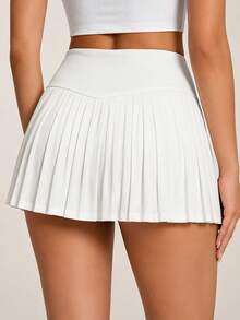 SHEIN BAE Movishi High Stretch Women's White Pleated Knitted Mini Skirt: Casual And Style With Built-In Shorts For Comfort,Built-In Shorts,Summer Skort Sports - White - View 3