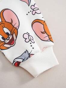 TOM & JERRY X SHEIN بلوزة رياضية كاجوال يومية بطبعة كرتونية وياقة دائرية وأكمام طويلة للفتيات الصغيرات - لون مشمشي - مشاهدة 4