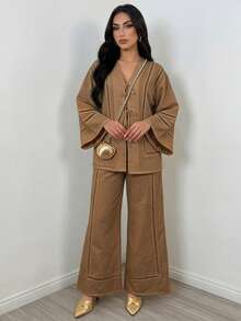 Elenzga 女款蝴蝶結蕾絲飾邊前開襟襯衫與長褲兩件套，卡其色，秋季早午餐休閒優雅風 - 棕色 - 查看 4