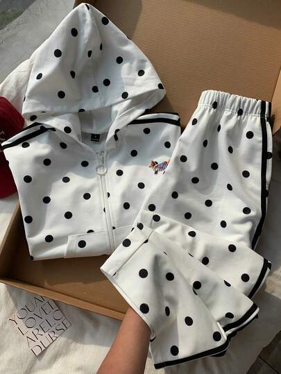 Comfortcana Women's Polka Dot Print Hoodie & Pants 2 Pieces Set