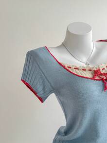 Elamini Y2K Cute Color Block Lace Up Front Square Neck Cropped Knit Tee Short Sleeve Slim Fit Top Brunch Blue Summer - Blue - View 6