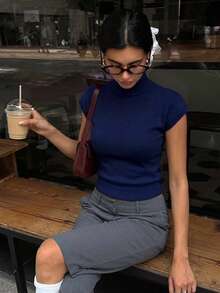 Aloruh Women's Casual Crew Neck Stand Collar Pullover Knit Top, Navy Blue, Early Autumn, Back To School - Navy Blue - View 5
