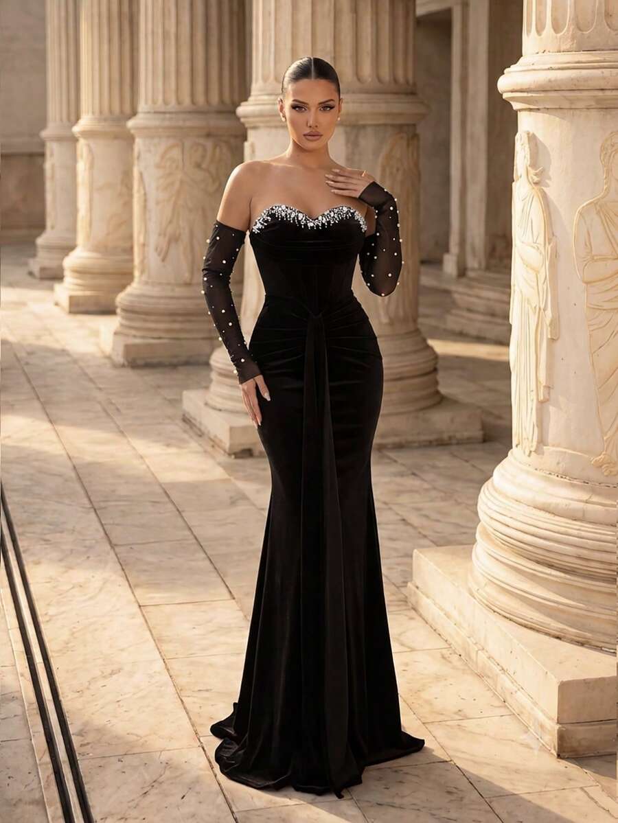 Glamrae Elegant Sequin Knit Patchwork Beaded Ruched Waist Slim Fit Mermaid Hem Detachable Long Sleeve Heavy Embellishment Evening Gown,Formal Dress Party