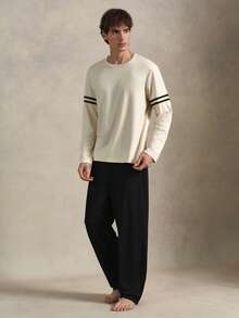 EverLounge 男士圓領拼色長袖上衣與長褲休閒居家服套裝 - 杏色 - 查看 3