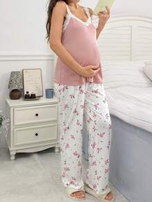 Moonlight&Mama Conjunto de Roupa de Descanso Maternidade Moonlight & Mama Primavera/Verão Moda Rosa Canelado Regata & Calça Longa Estampa Floral Miúda - Rosa chiclete - Visão 5