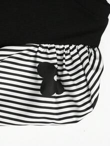 SHEIN Nova Glow 青少年女孩可愛幾何印花拼接短袖純色中長洋裝 - 黑色 - 查看 7