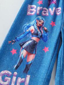 Cool Girl Denim Effect Print Wide Leg Jeans For Girls Elastic Waist Easy To Put On And Take Off Cartoon Idol Girl Star All-Over Print Pattern Pantalon - Blue - View 8