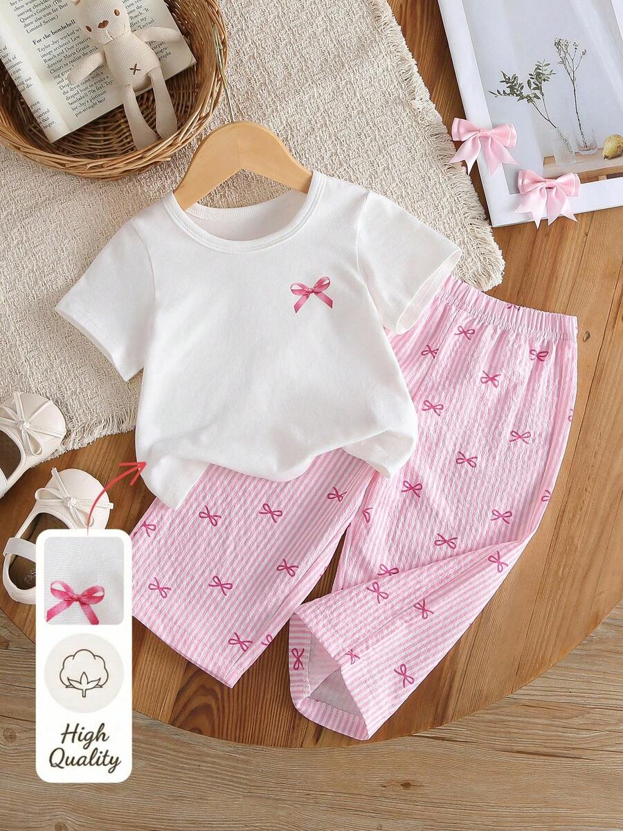 SHEIN Playful Pals 女嬰蝴蝶結印花短袖T恤與長褲休閒套裝