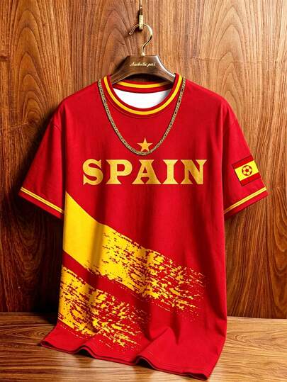 Manfinity Campus Court Kaos Unisex Bergambar Bendera Spanyol, Lengan Pendek, Cocok untuk Acara Olahraga, Pakaian Sehari-hari, Aktivitas Luar Ruangan, Perjalanan, Pesta, Pertemuan Santai, dan Piala Dunia.