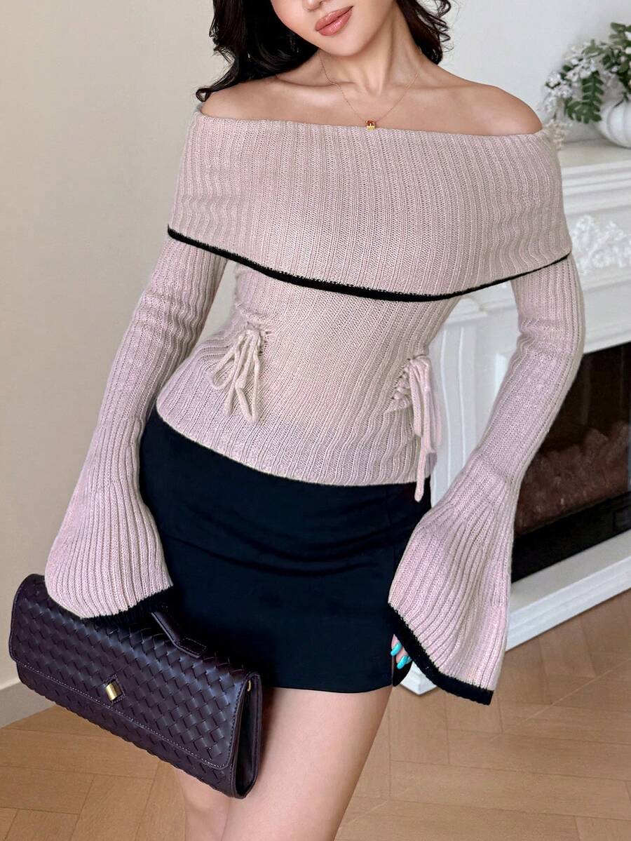 Modelyn 女款綁帶喇叭袖露肩拼接色毛衣 - 粉色 - 查看 1