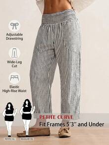 SHEIN PETITE CURVE 大尺碼女款休閒條紋鬆緊腰長褲 - 黑與白 - 查看 1