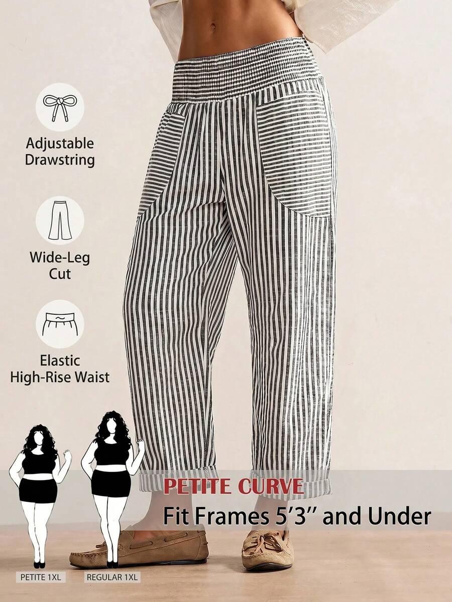 SHEIN PETITE CURVE 大尺碼女款休閒條紋鬆緊腰長褲 - 黑與白 - 查看 1