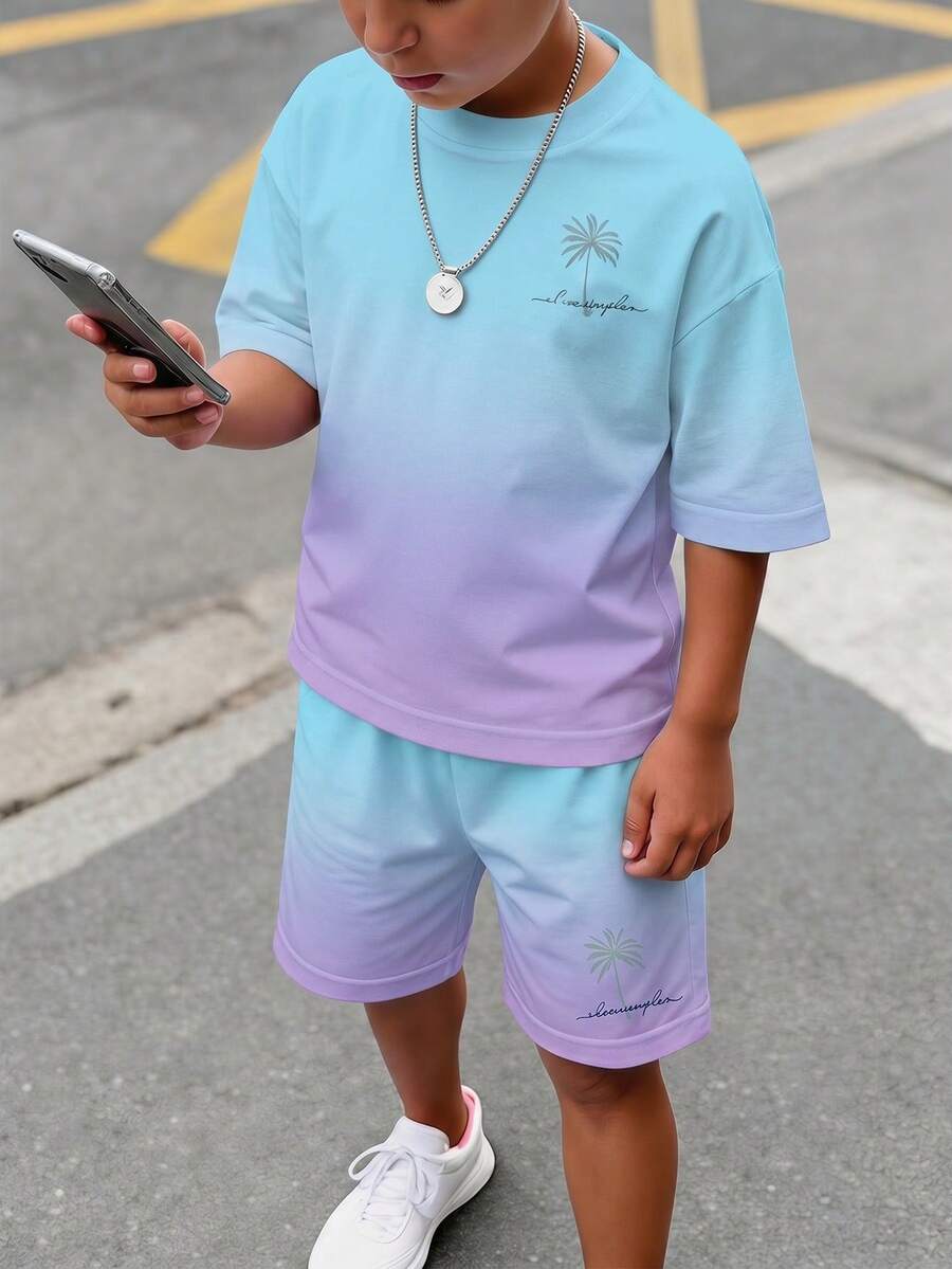青少年男孩休閒舒適時尚極簡圓領短袖T恤與短褲套裝 - 彩色 - 查看 1