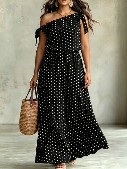 GlowEve CURVE Vestido de Talla Grande con Hombro Asimétrico Sexy con Lazos y Lunares, Vestido Largo Vintage para Ir al Trabajo, Citas, Vacaciones, Fiestas