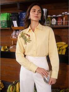 Anewsta Chemise décontractée à manches longues boutonnée simple avec motif crabe pour femmes - Jaune citron - Voir 6
