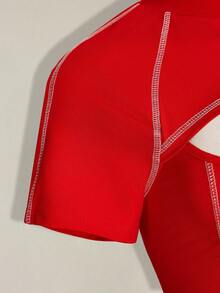SHEIN ICON 女款大尺碼鏤空性感拼色拉鍊修身T恤 - 紅色 - 查看 9