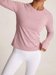 SHEIN BAE 1pc Women's Solid Color Round Neck Long Sleeve Casual Fitness Sports T-Shirt - Violet Purple - View 5